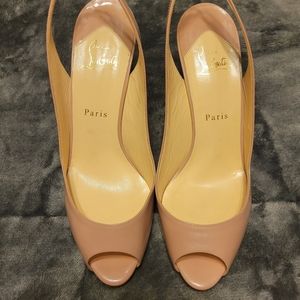 Christian Louboutin Lady Sling 100mm Nude Patent Leather Peeptoe heels,Size 40.5